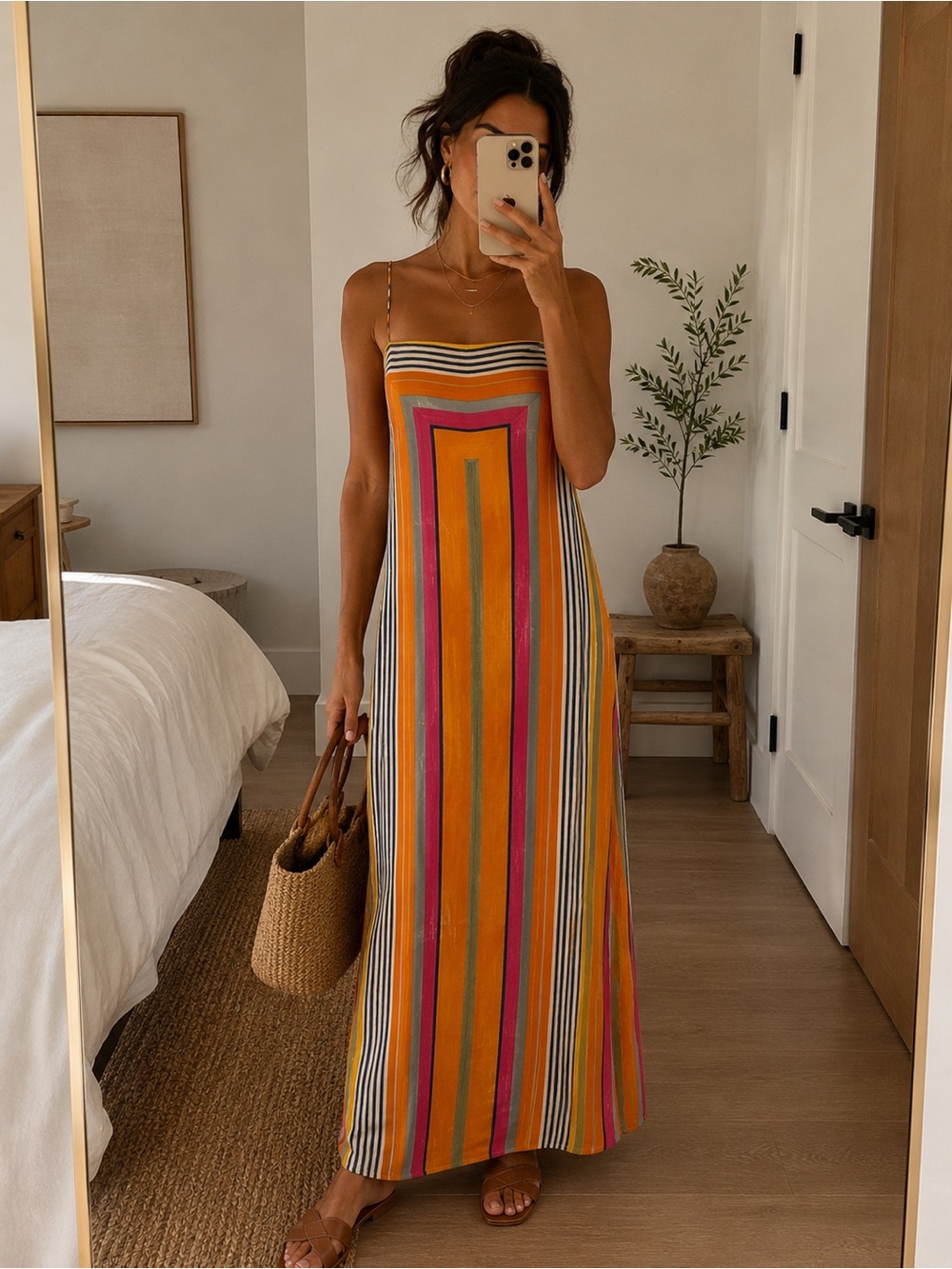 STAUD Laura Bayadere Stripe Linen Maxi Dress Colorful Resort Summer Multicolor M